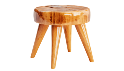 Polished wooden stool with a circular top.