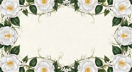 Elegant floral frame with white camellias and jasmine flowers for invitations and greetings