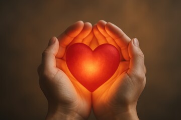 Fototapeta premium Caring hands gently cradling glowing red heart symbol representing love and healthcare compassion