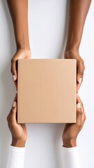 Top view of two women with blank cardboard box on white background.