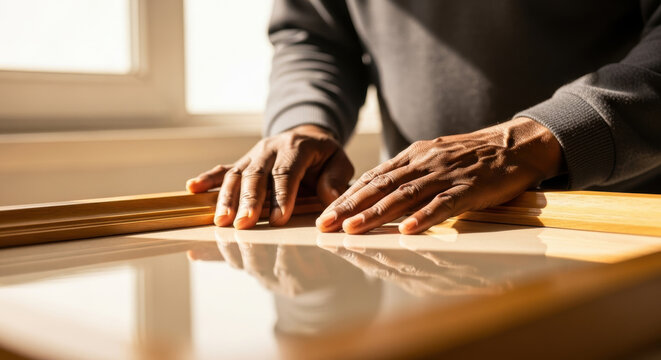 Focused craftsman carefully assembles wooden picture frame on sunlit table, using precise hands on technique for smooth finish and alignment in bright creative workspace