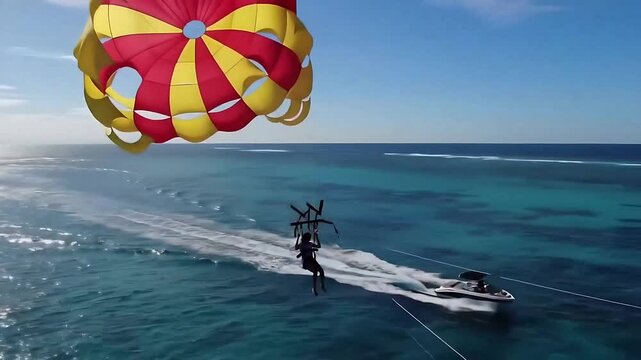 An adventurous individual enjoys the thrill of parasailing high above the sparkling turquoise ocean waters on a sunny tropical vacation day.