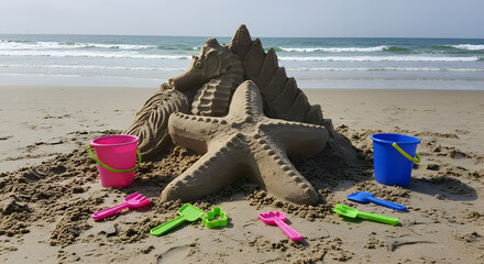 Sand Castle Symphony: A meticulously crafted sandcastle, adorned with intricate details and a starfish center, stands majestically on the beach. The scene is complemented by colorful beach toys.