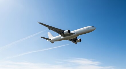 Airplane soars high against a clear blue sky, leaving vapor trails behind during flight