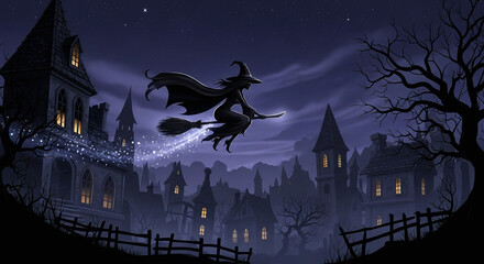 Flying Witch Over Haunted Village on Halloween Night