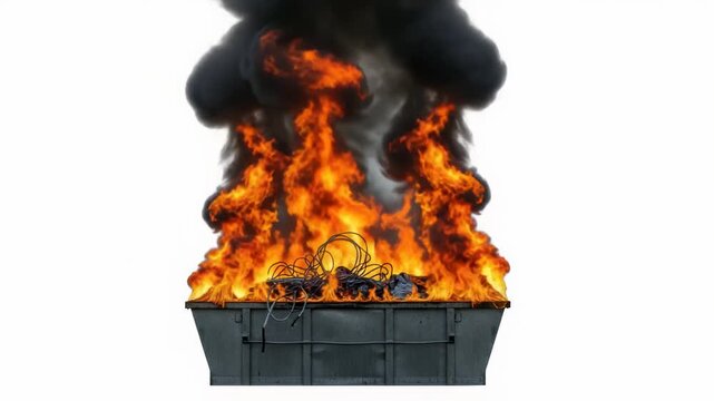 Fiery container combustion, intense burning with black smoke billowing upwards against a blank