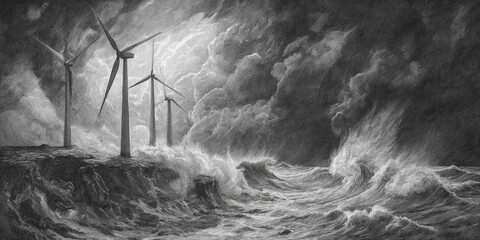 Wind turbines battling a stormy sea