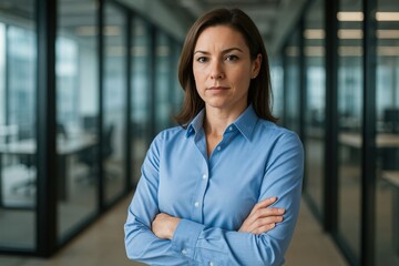 Confident professional woman in executive business attire with arms crossed leadership pose