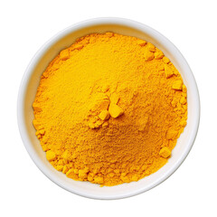 Close up top view of vibrant turmeric powder in white bowl on transparent background, turmeric png, ingredients png