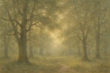 Fototapeta premium Romantic landscape painting depicting misty forest scene with ethereal lighting and soft brushwork techniques
