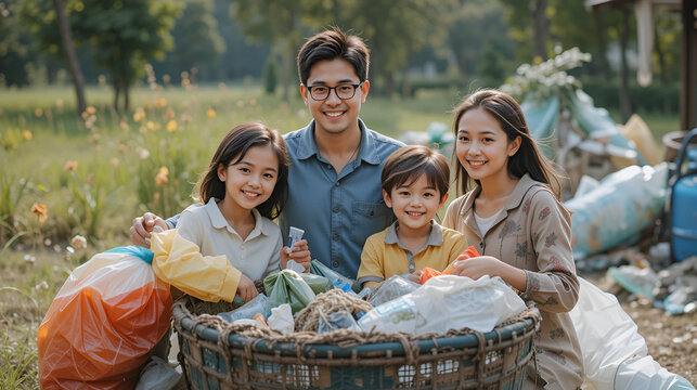 Happy family collecting rubbish