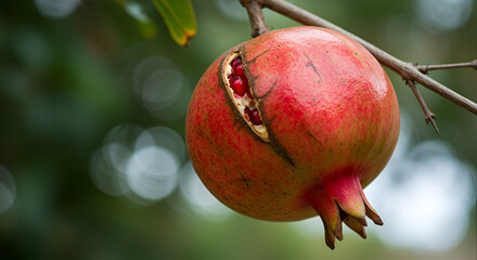 Pomegranate tree branch with cracked ripe pomegranate revealing seeds