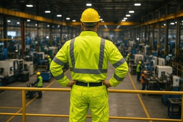 Safety supervisor in high-visibility gear overlooking industrial manufacturing floor from elevated platform