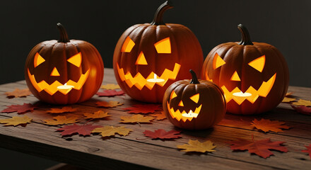 Glowing Jack-o’-Lantern Pumpkins with Autumn Leaves on Halloween Night