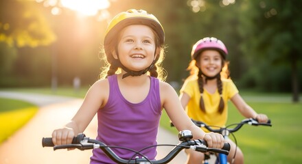 Obraz premium Kid Bicycling Smiling young girls in helmets riding bicycles on a sunny day in a park, enjoying outdoor activity
