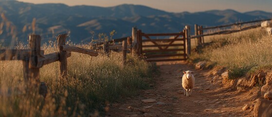 Obraz premium TROUPEAU DE MOUTONS SUIVANT UN CHEMIN DE TERRE À LA CAMPAGNE AU COUCHER DU SOLEIL