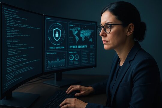 Female cybersecurity analyst reviewing code on multiple monitors in high-tech security operations center