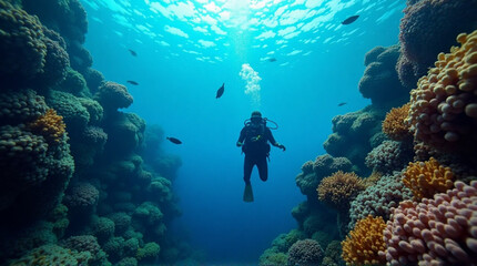 Fototapeta premium A scuba diver floats amidst a colorful coral reef, showcasing the rich marine life below the surface.