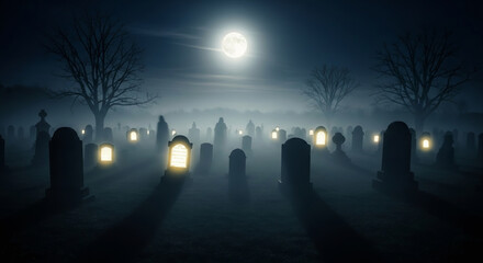Haunted Graveyard Under Full Moon on Halloween Night