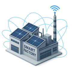 Logistics and Supply Chain Facility Architecture, vector illustration of smart factory with solar panel roofing, IoT wireless network integration, sustainable industrial automation, and scalable green