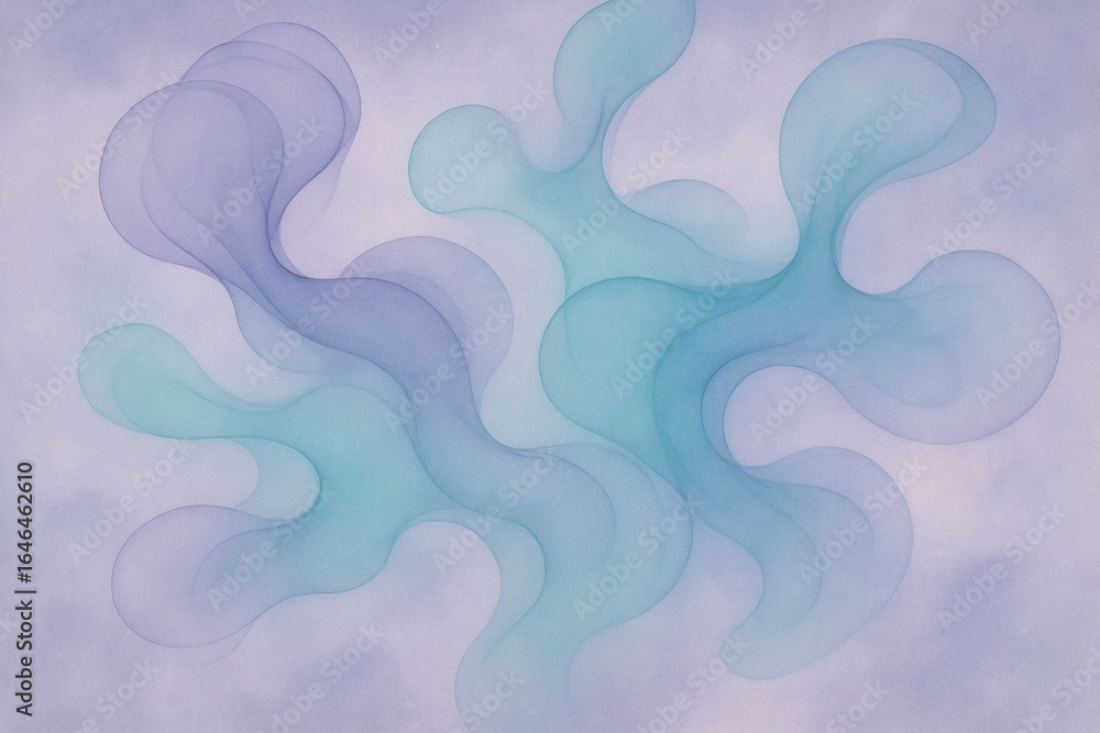 Poster ethereal abstract visualization of floating liquid forms in soft violet and turquoise pastel tones c
