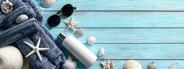 Summer essentials laid out on light blue wooden planks, featuring a folded blue towel, sunglasses, seashells, starfish, and a white lotion bottle