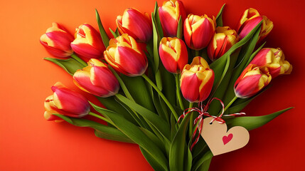 Obraz premium Red and yellow tulips bouquet with heart tag on orange background