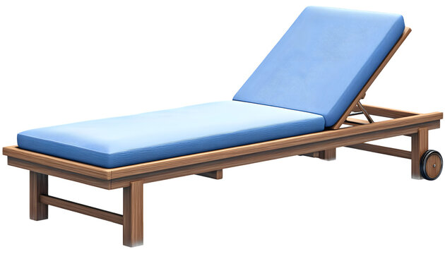 Light brown wooden sunbed with a light blue cushion.