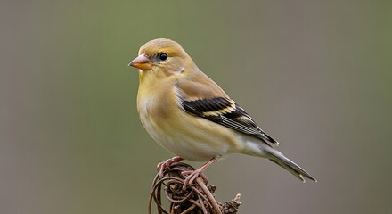 Detailed close-up of a vibrant American Goldfinch perched on a withered twig capturing its