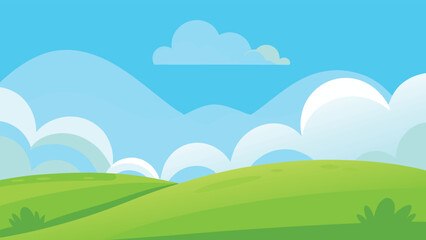 Rolling green hills under a bright blue sky with fluffy white clouds vector