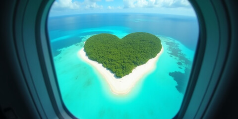 Obraz premium Heart shaped island paradise seen from airplane window