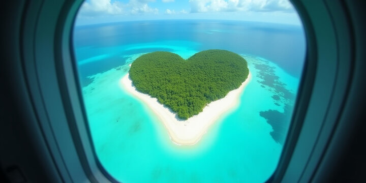 Fototapeta Heart shaped island paradise seen from airplane window
