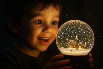 Magical moment of child discovering enchanted miniature world inside crystal snow globe