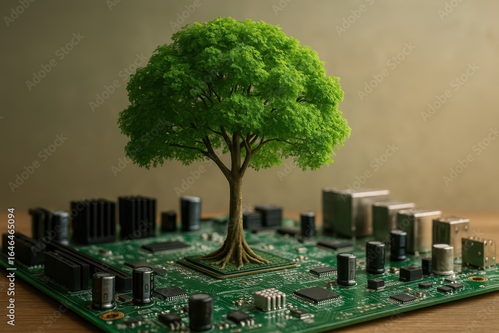 Aufkleber green technology innovation with digital tree growing from circuit board representing sustainable co