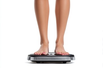 Barefoot woman's legs standing on a digital scale against a white background