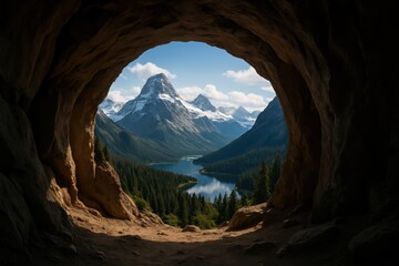 Fototapeta premium Mysterious cave opening revealing breathtaking mountain vista and pristine wilderness