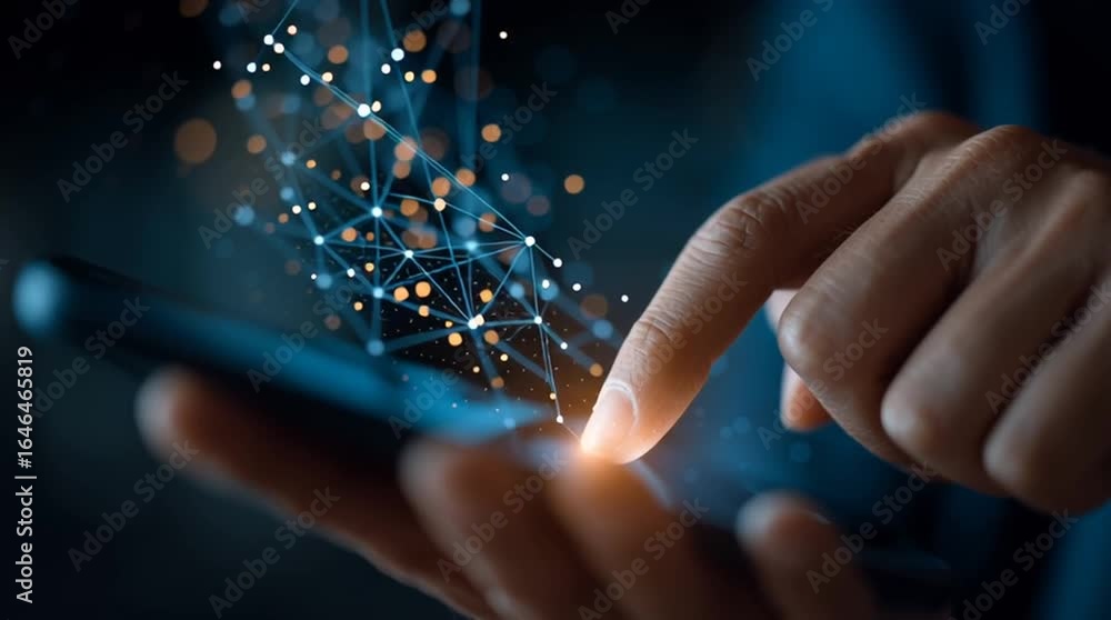 Aufkleber digital connectivity: close-up shot showcasing a person's hand interacting with a smartphone, symbol