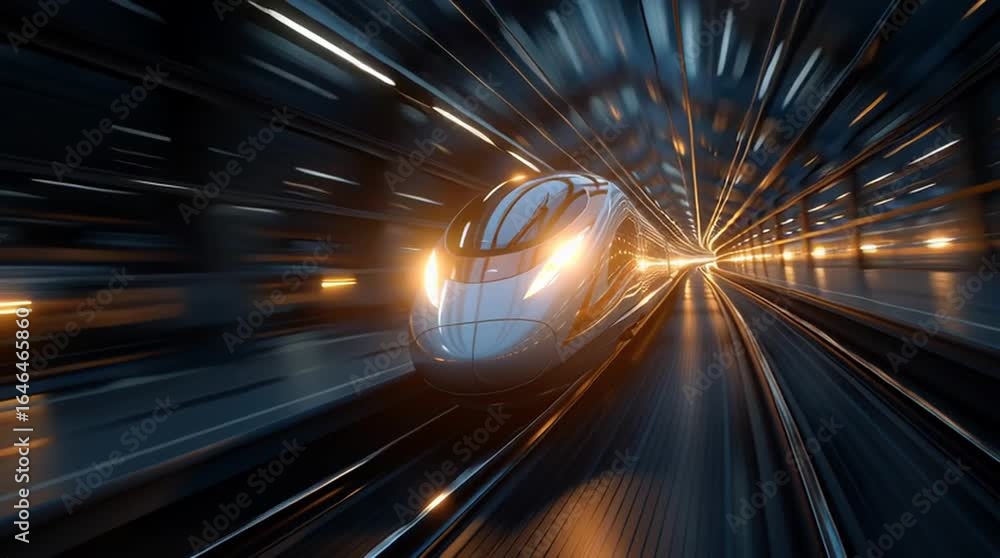 Poster Speeding Through the Tunnel: A high-speed train emerges from a futuristic tunnel, its sleek design and powerful headlights creating a visual symphony of speed and progress.