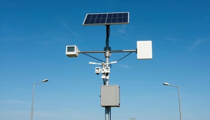 Solar-powered monitoring station urban area technology installation clear sky aerial view environmental monitoring