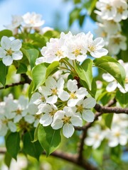 Obraz premium Blooming white flowering pear tree branch in spring nature photography bright outdoor setting