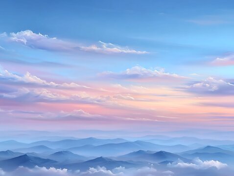 CIEL PASTEL MATINAL, PEINTURE &Agrave; L'HUILE, MONTAGNES BRUMEUSES
