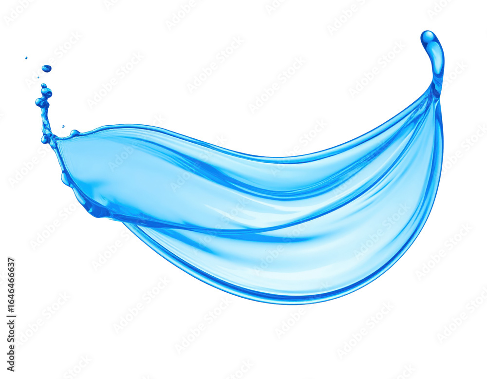 Poster curving blue water splash with dynamic droplets and a smooth flowing translucent wave form.