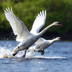 Two Swans Taking Flight 
