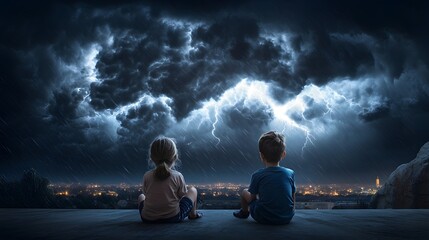 Young children sit observing a dramatic lightning storm and heavy rain over a glowing city at night