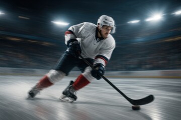 Obraz premium Professional hockey player executing powerful shot during intense game action