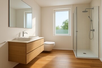 Fototapeta premium Contemporary Bathroom Design with Wooden Accents and Modern Fixtures in Bright Natural Lighting