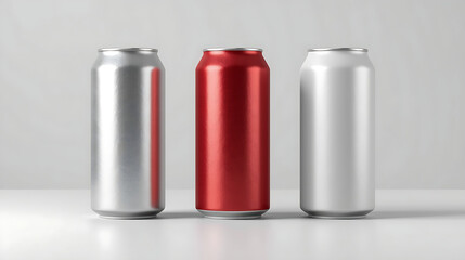 Three tall aluminum beverage cans, one metallic silver, one glossy red, and one matte white, are displayed in a studio setting with high detail and studio lighting.
