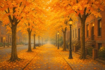 Fototapeta premium Urban autumn street scene with golden maple leaves scattered along empty sidewalk