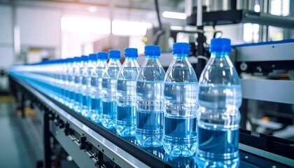 Plastic water bottles on production line