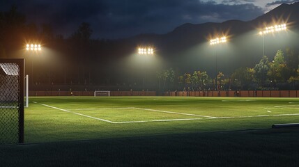 Fototapeta premium Illuminated soccer field under a night sky, stadium lights cast a warm glow
